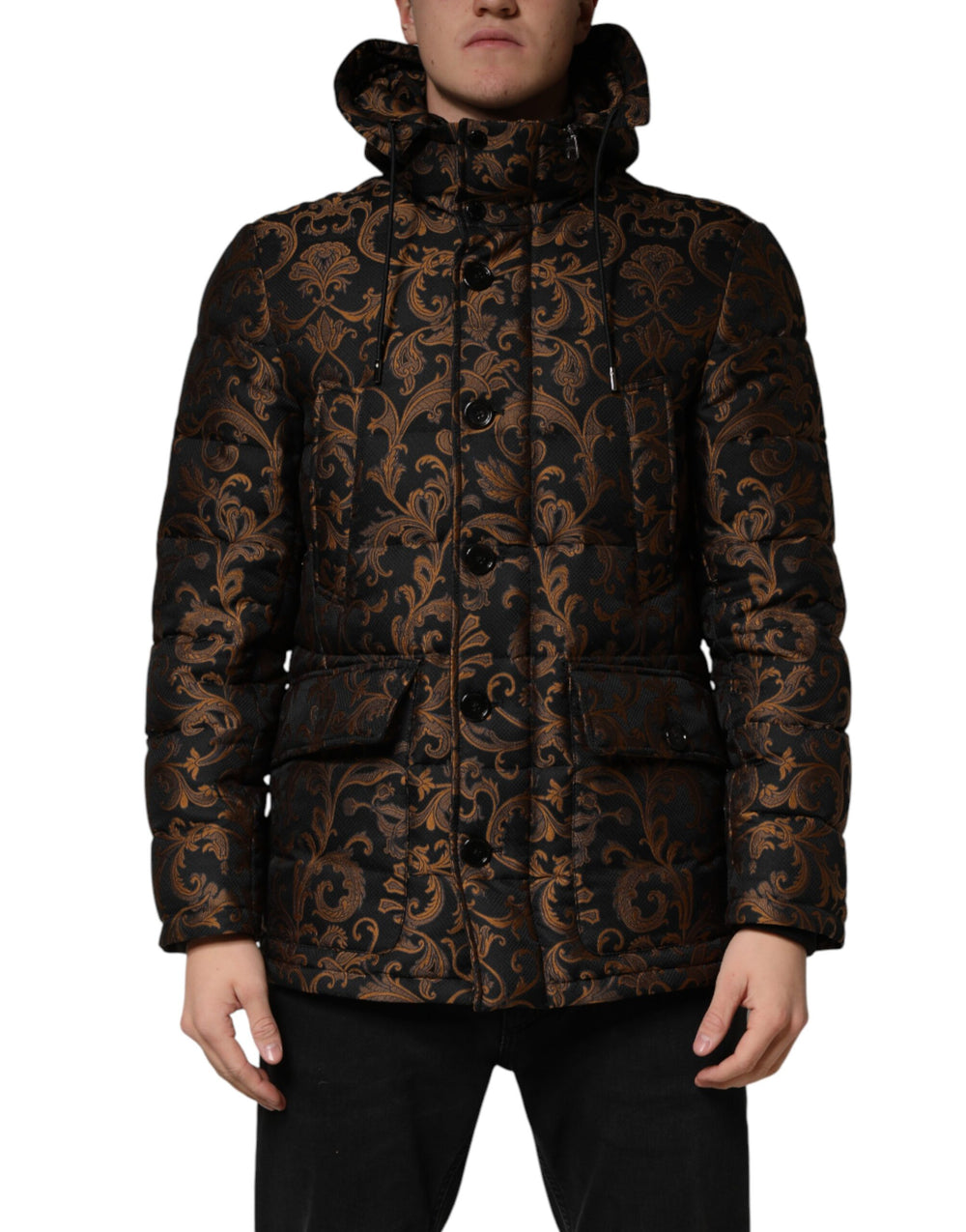 Dolce & Gabbana Floral Jacquard Quilted Hooded Jacket in Black