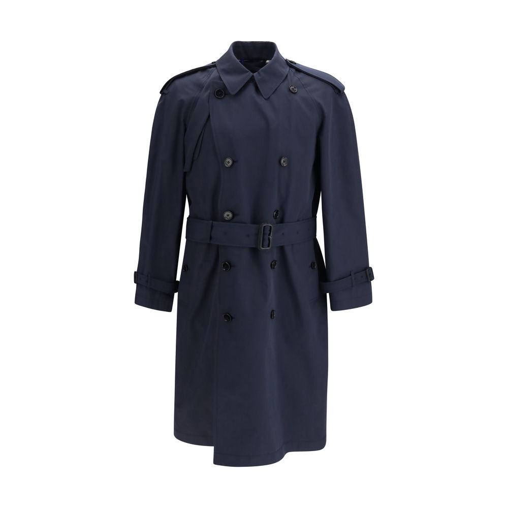 Burberry Blue Polyester Trench Coat with Belt mens luxury fashion - Mens Edit
