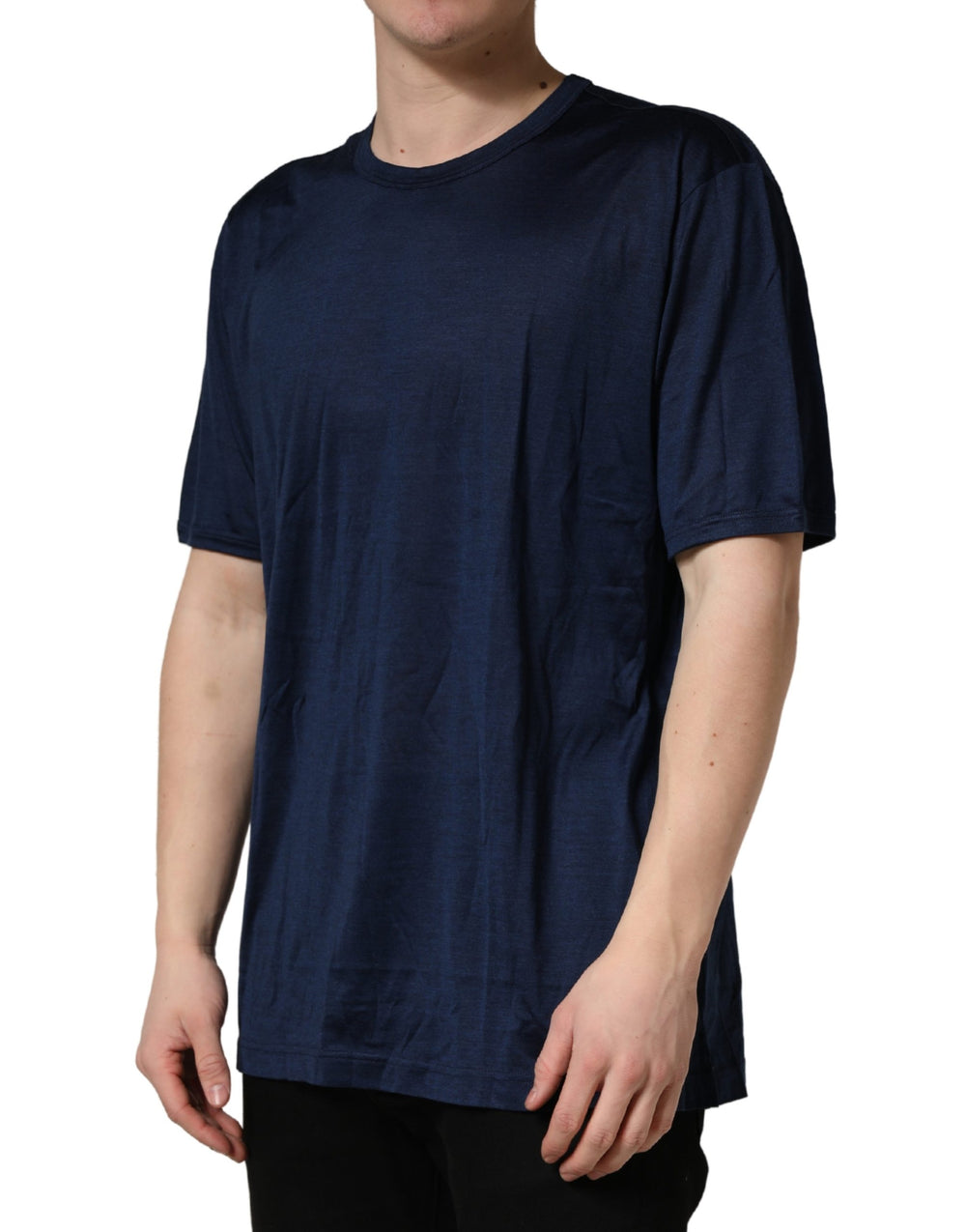 Dolce & Gabbana 100% Silk Crew Neck T-shirt in Dark Blue