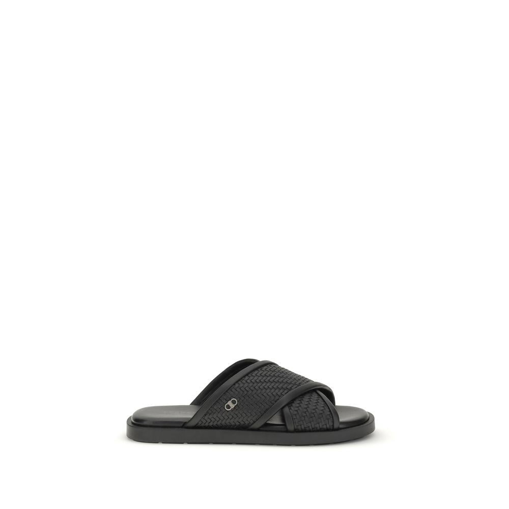 Ferragamo Black Calf Leather Flat Sandals mens luxury fashion - Mens Edit