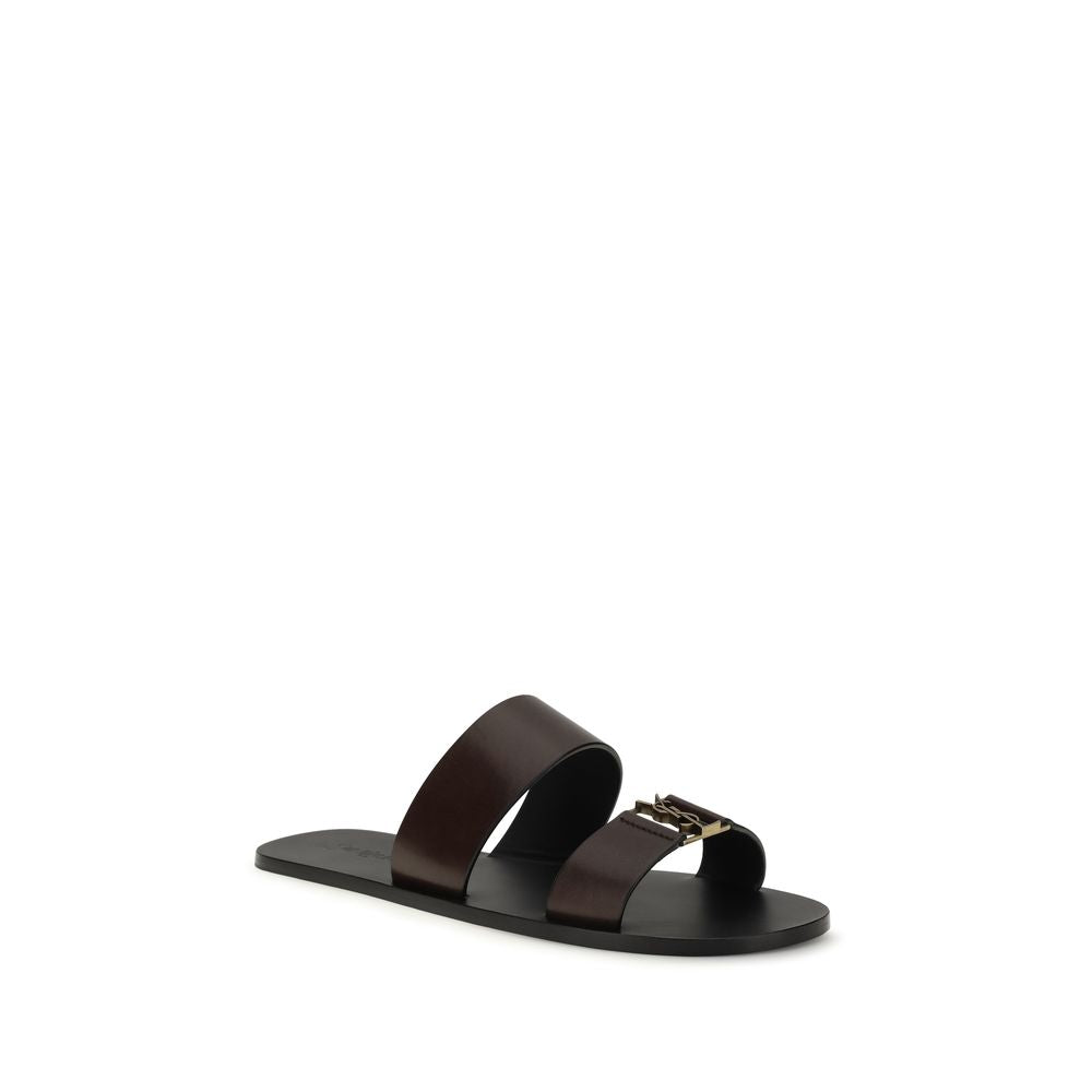 Saint Laurent Calf Leather Flat Sandals in Brown