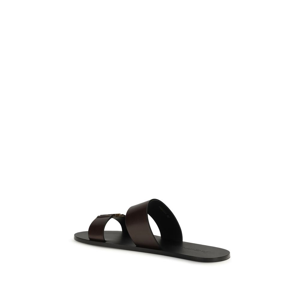 Saint Laurent Calf Leather Flat Sandals in Brown