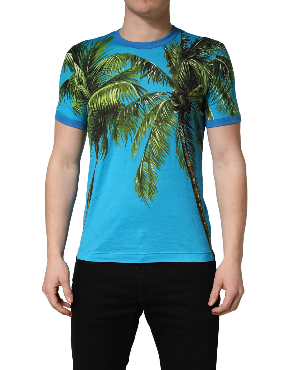Dolce & Gabbana 100% Cotton Palm Tree Print Crew-Neck T-Shirt in Blue