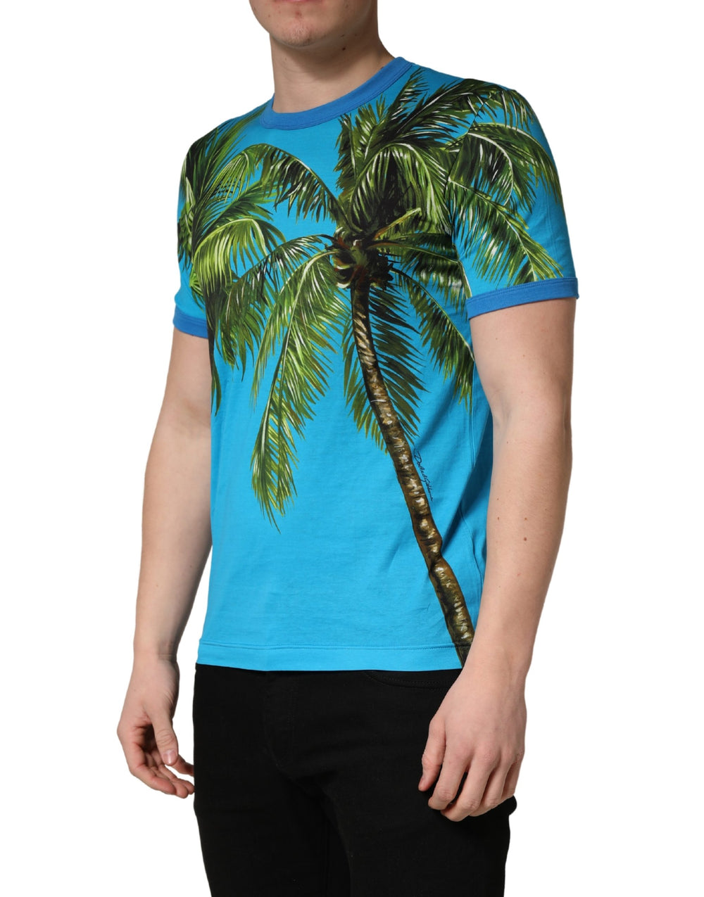 Dolce & Gabbana 100% Cotton Palm Tree Print Crew-Neck T-Shirt in Blue