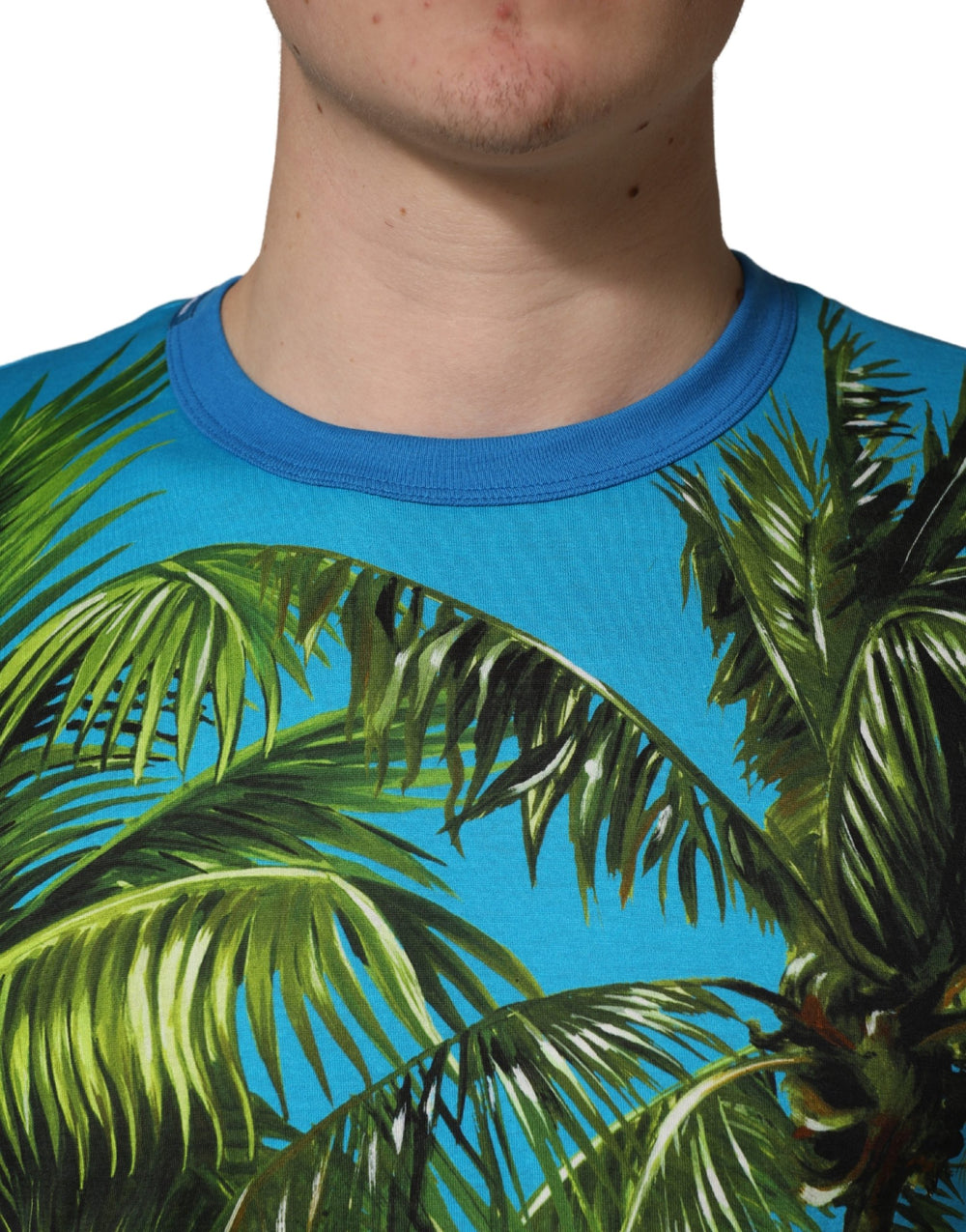 Dolce & Gabbana 100% Cotton Palm Tree Print Crew-Neck T-Shirt in Blue