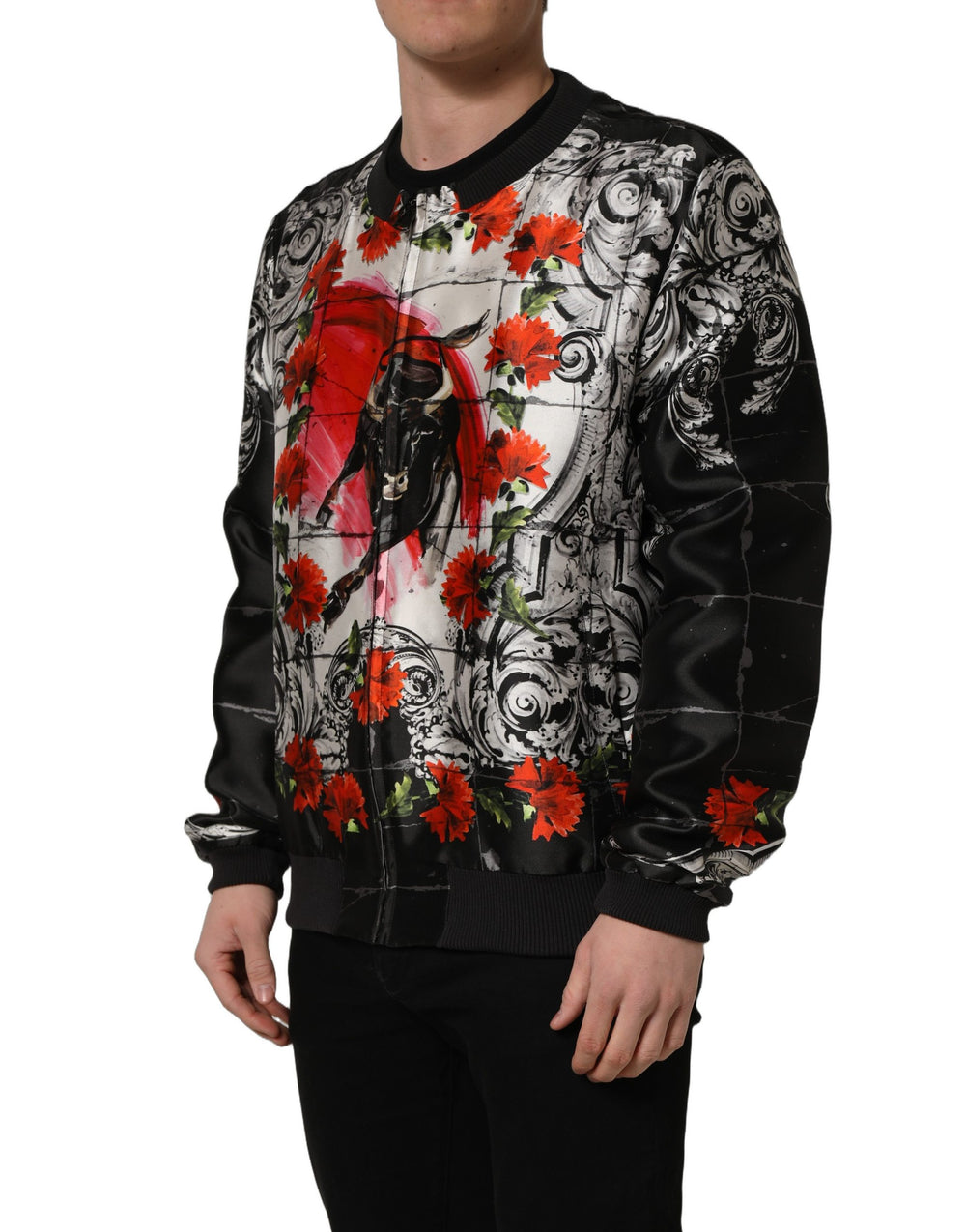 Dolce & Gabbana 100% Silk Majolica Bull Print Bomber Jacket in Multicolor