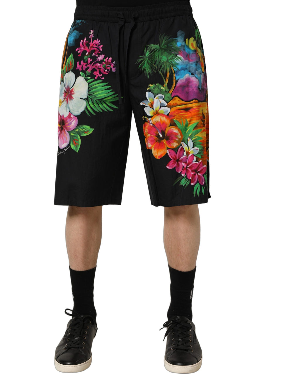 Dolce & Gabbana Βαμβακερό Σορτς Τροπικής Εκτύπωσης σε Μαύρο