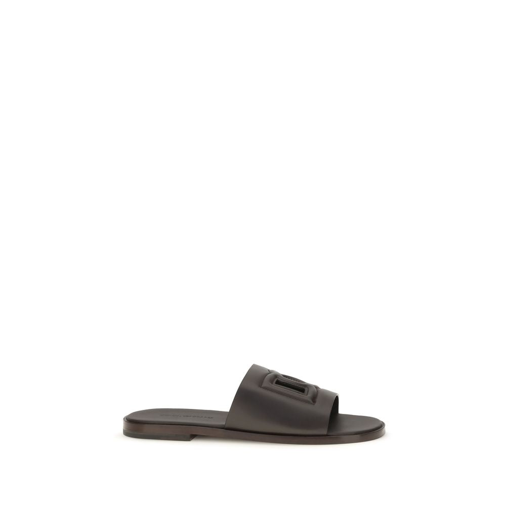 Dolce & Gabbana Calf Leather Flat Sandals in Brown
