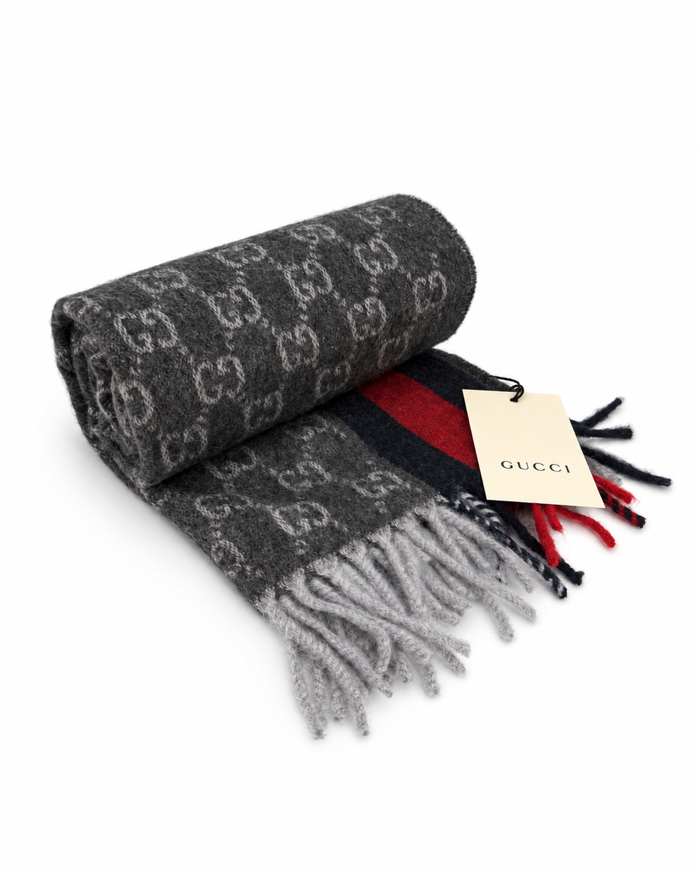 Gucci Κασκόλ από Κασμίρ & Μαλλί σε Ανθρακί με Κόκκινη και μπλε σκούρο Ρίγα