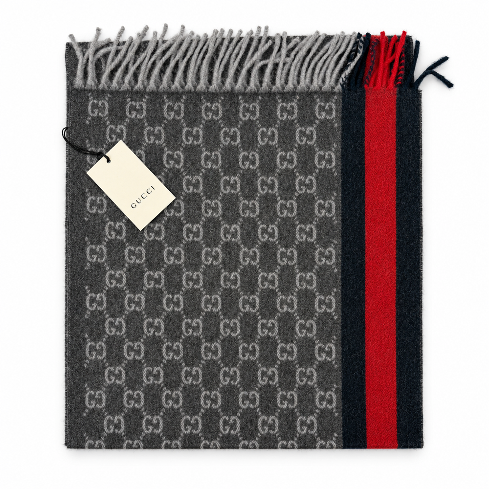 Gucci Κασκόλ από Κασμίρ & Μαλλί σε Ανθρακί με Κόκκινη και μπλε σκούρο Ρίγα