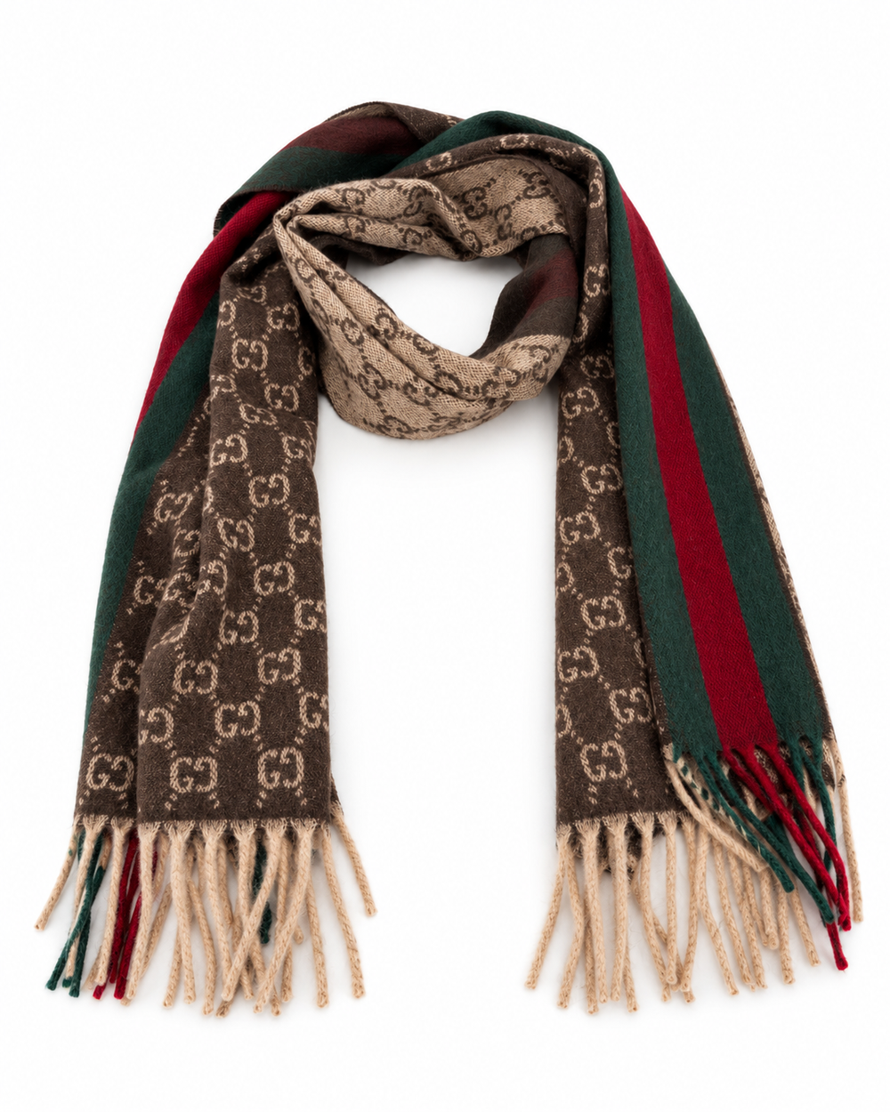 Gucci Κασκόλ από Κασμίρι και Μαλλί με GG Μονόγραμμα και Πράσινη & Κόκκινη Ρίγα Web σε Καφέ