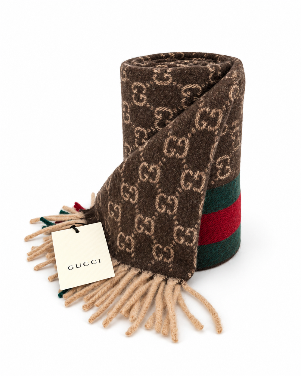 Gucci Κασκόλ από Κασμίρι και Μαλλί με GG Μονόγραμμα και Πράσινη & Κόκκινη Ρίγα Web σε Καφέ