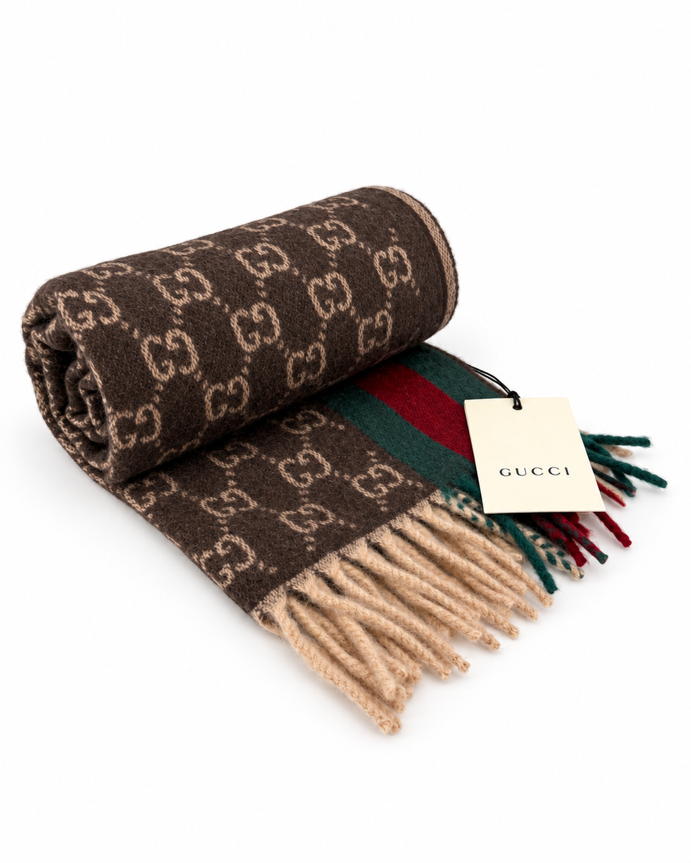 Gucci Κασκόλ από Κασμίρι και Μαλλί με GG Μονόγραμμα και Πράσινη & Κόκκινη Ρίγα Web σε Καφέ
