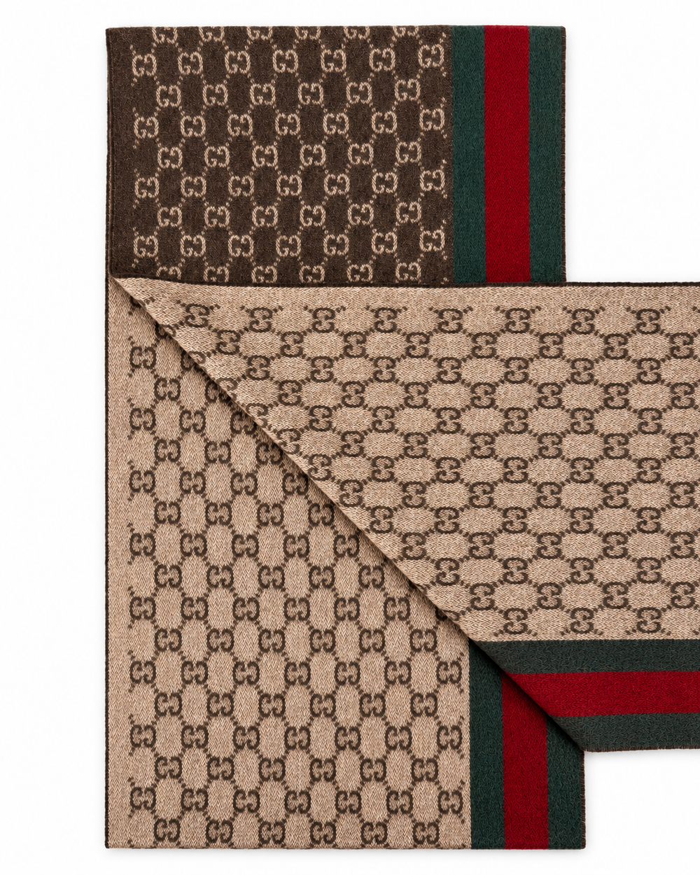 Gucci Κασκόλ από Κασμίρι και Μαλλί με GG Μονόγραμμα και Πράσινη & Κόκκινη Ρίγα Web σε Καφέ