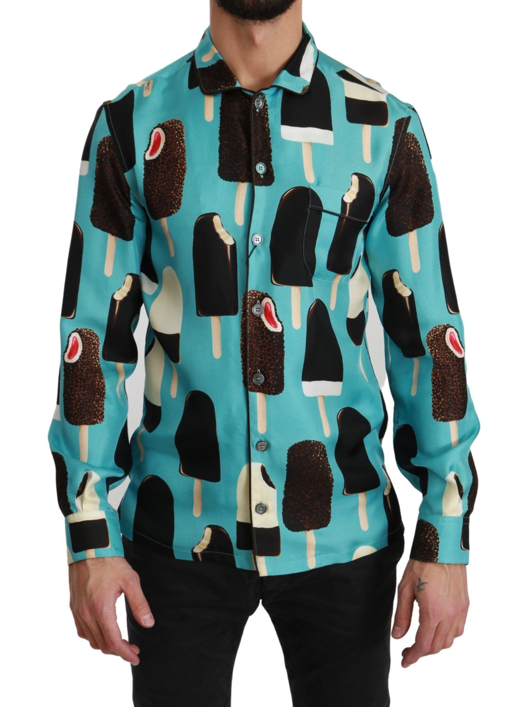 Dolce & Gabbana Silk Ice Cream Print Shirt in Blue