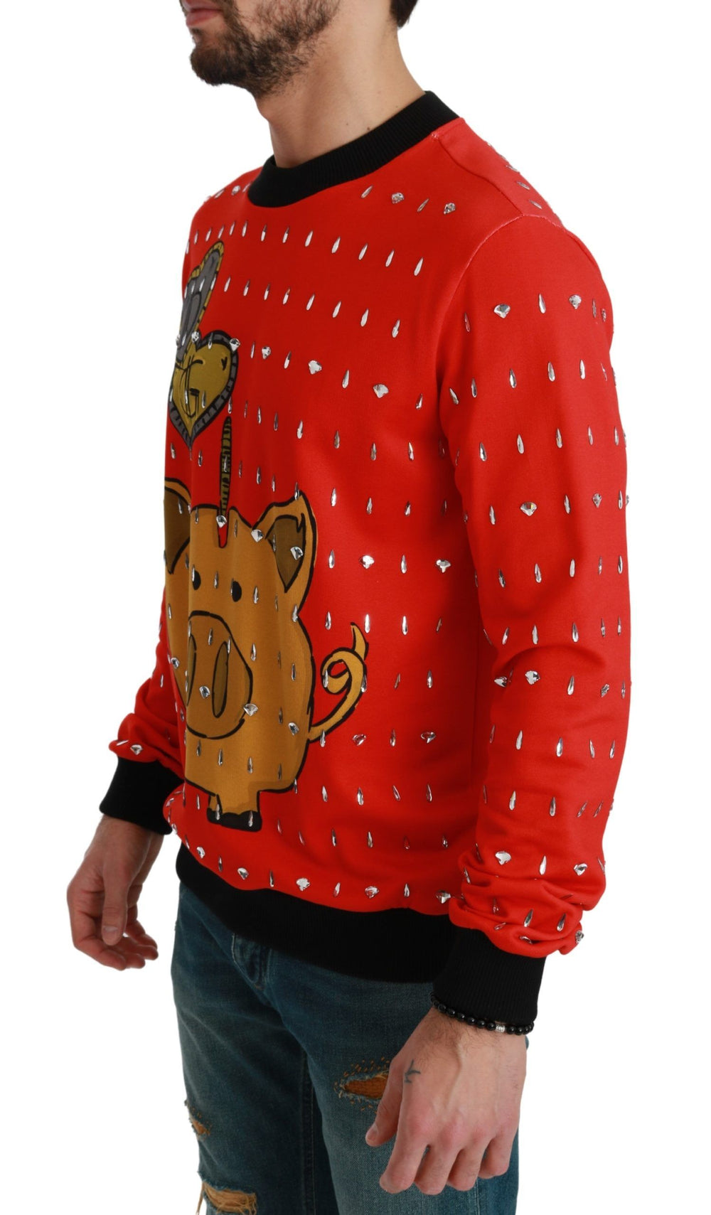 Dolce & Gabbana 100% Cotton Crystal Year of the Pig Sweater in Red