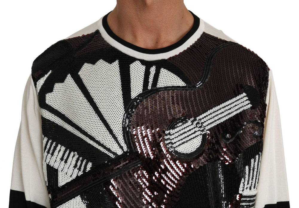 Dolce & Gabbana Silk Jazz Sequined Guitar Pullover in White