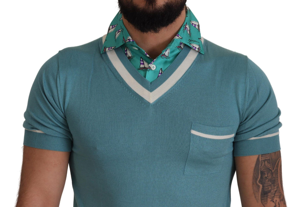 Dolce & Gabbana 100% Silk Polo Shirt in Light Blue