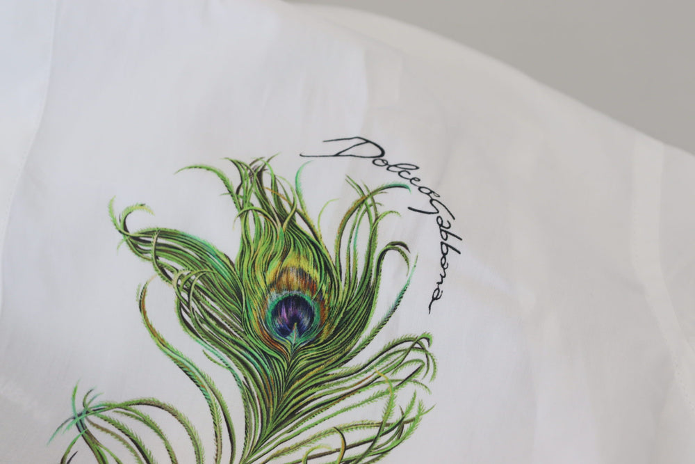 Dolce & Gabbana 100% Cotton GOLD Peacock Feather Shirt in White