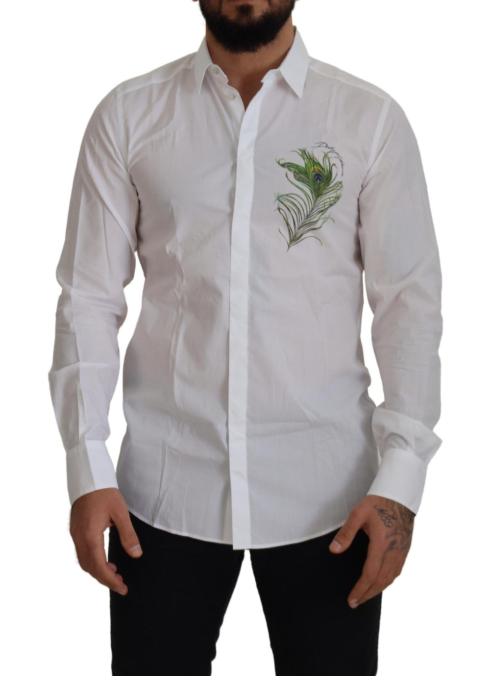 Dolce & Gabbana 100% Cotton GOLD Peacock Feather Shirt in White