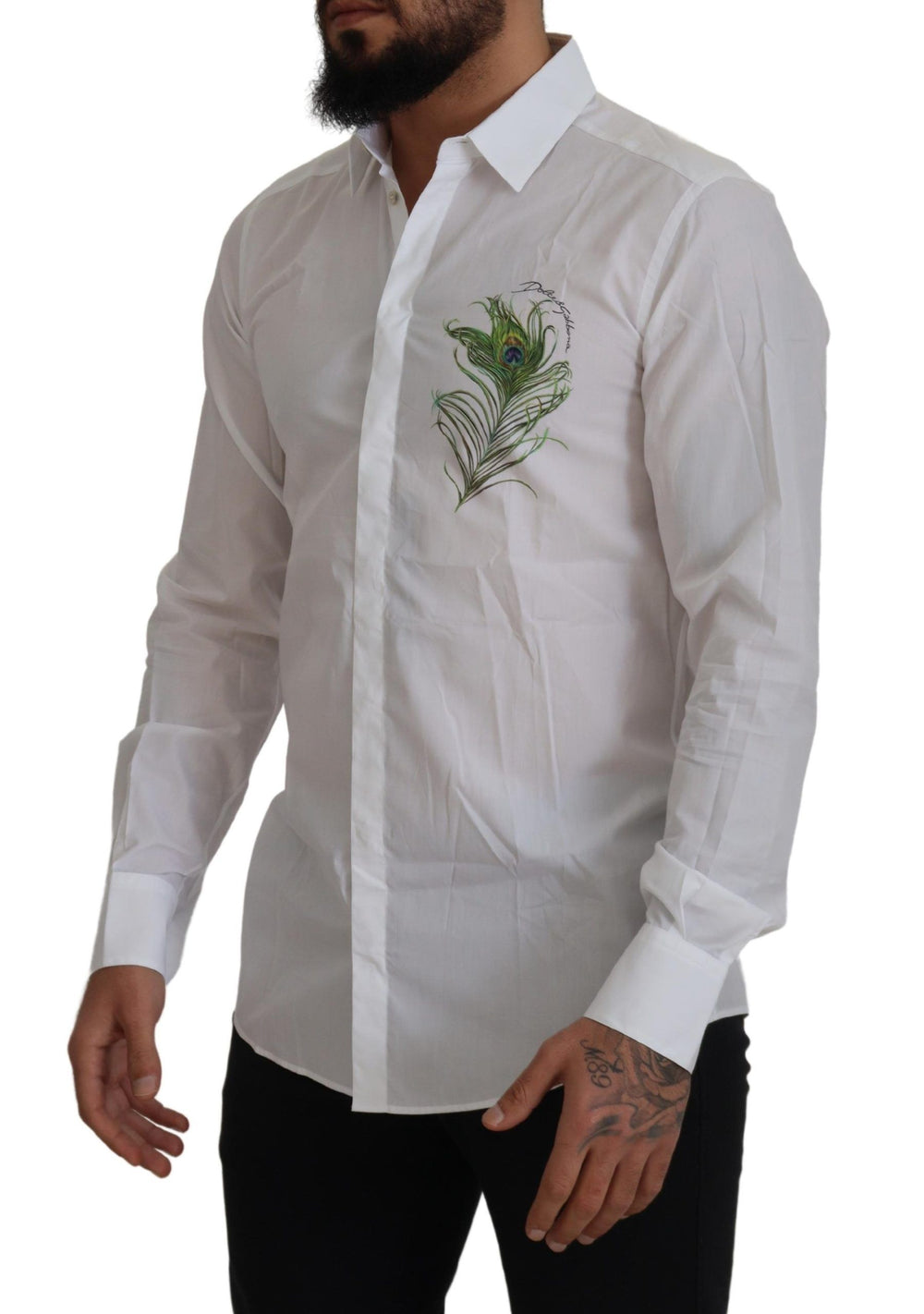 Dolce & Gabbana 100% Cotton GOLD Peacock Feather Shirt in White