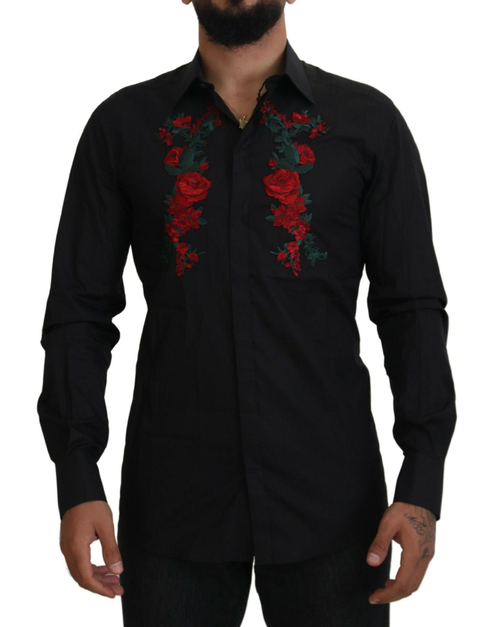 Dolce & Gabbana Πουκάμισο από 100% Βαμβάκι με Floral Κέντημα ΧΡΥΣΌ σε Μαύρο
