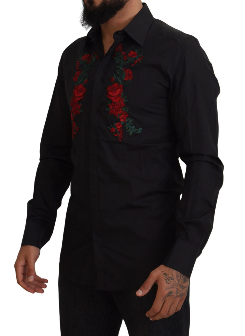 Dolce & Gabbana Πουκάμισο από 100% Βαμβάκι με Floral Κέντημα ΧΡΥΣΌ σε Μαύρο