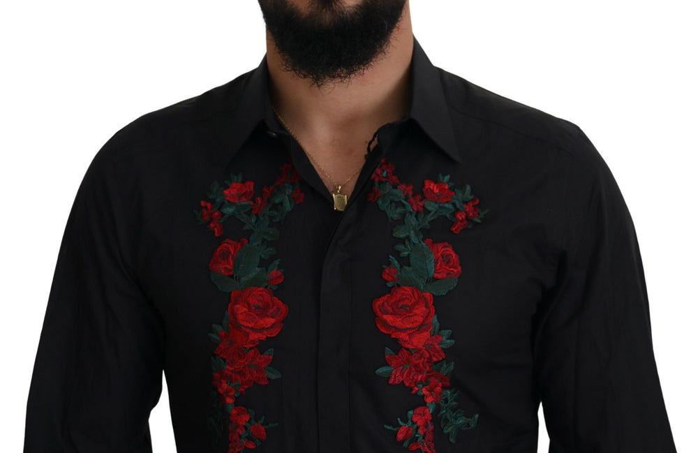 Dolce & Gabbana Πουκάμισο από 100% Βαμβάκι με Floral Κέντημα ΧΡΥΣΌ σε Μαύρο