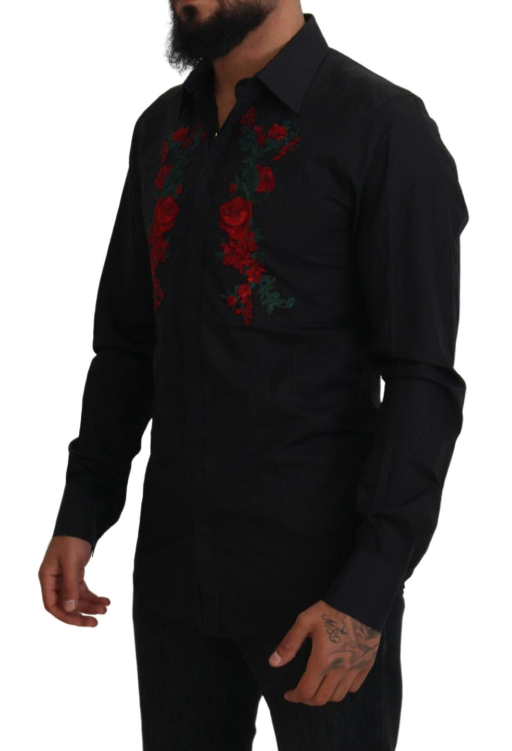 Dolce & Gabbana Πουκάμισο από 100% Βαμβάκι με Floral Κέντημα ΧΡΥΣΌ σε Μαύρο