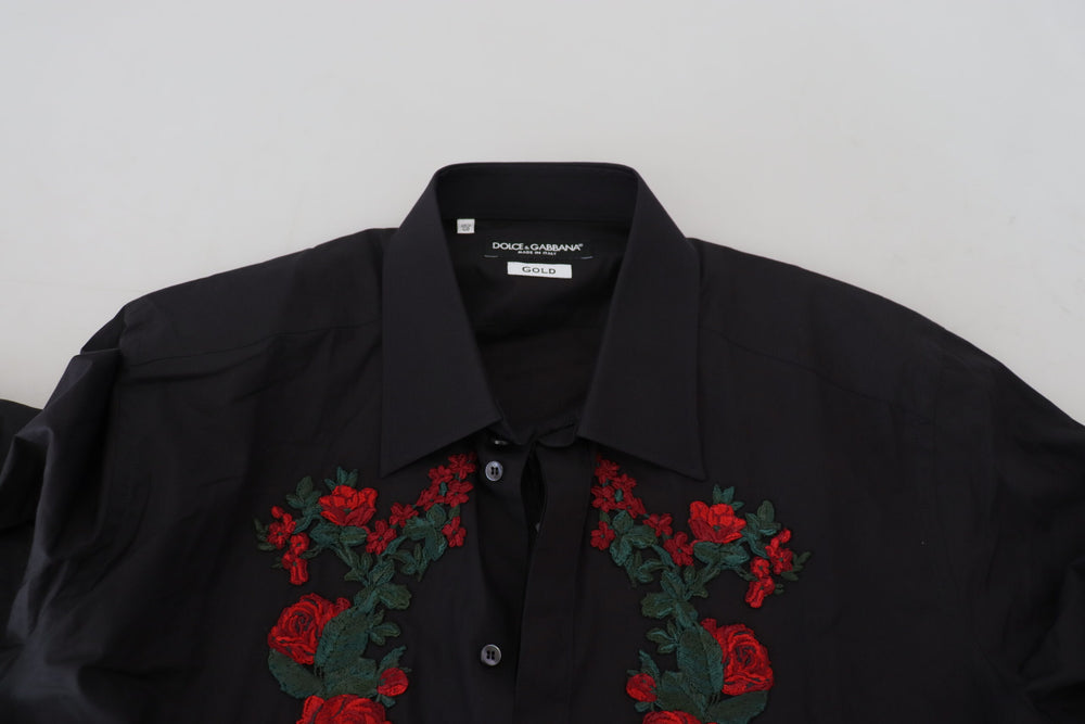 Dolce & Gabbana Πουκάμισο από 100% Βαμβάκι με Floral Κέντημα ΧΡΥΣΌ σε Μαύρο