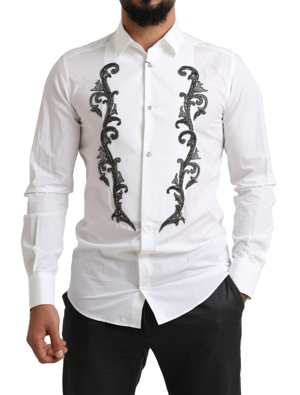 Dolce & Gabbana 100% Cotton Slim Fit Baroque Tuxedo Shirt in White