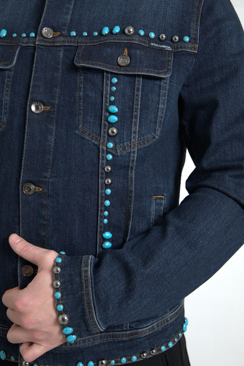 Dolce & Gabbana Denim Jacket with Turquoise Stone Embellishment in Blue