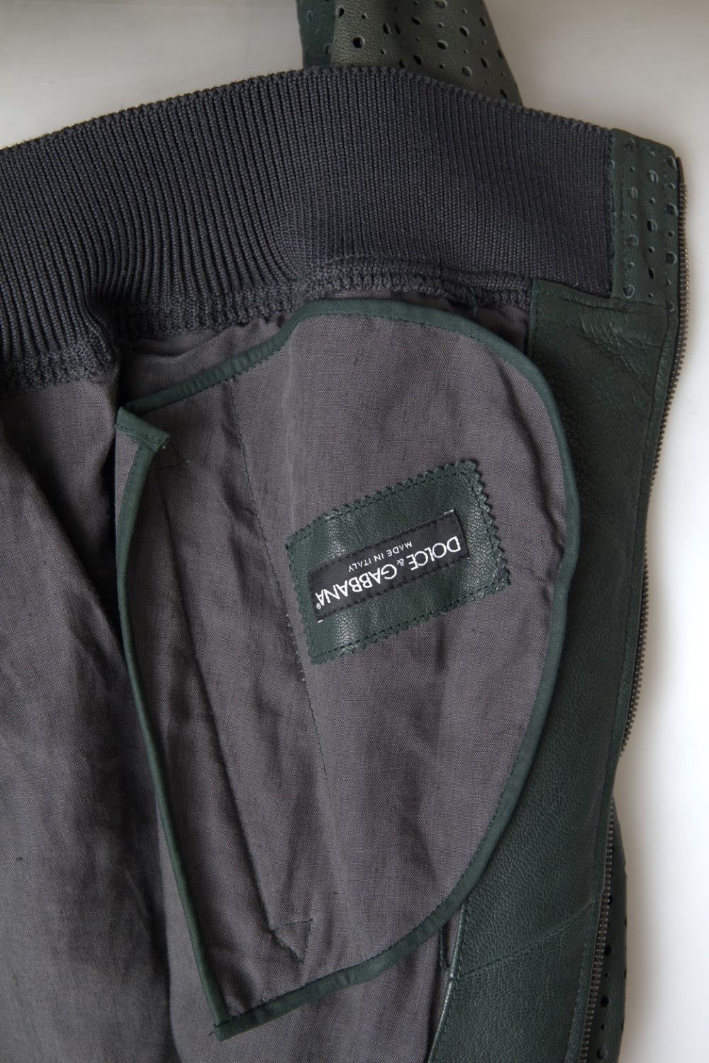Dolce & Gabbana Perforated Leather Bomber Jacket in Green