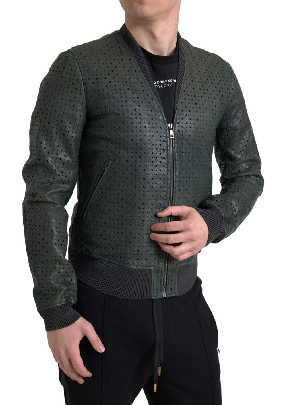 Dolce & Gabbana Perforated Leather Bomber Jacket in Green