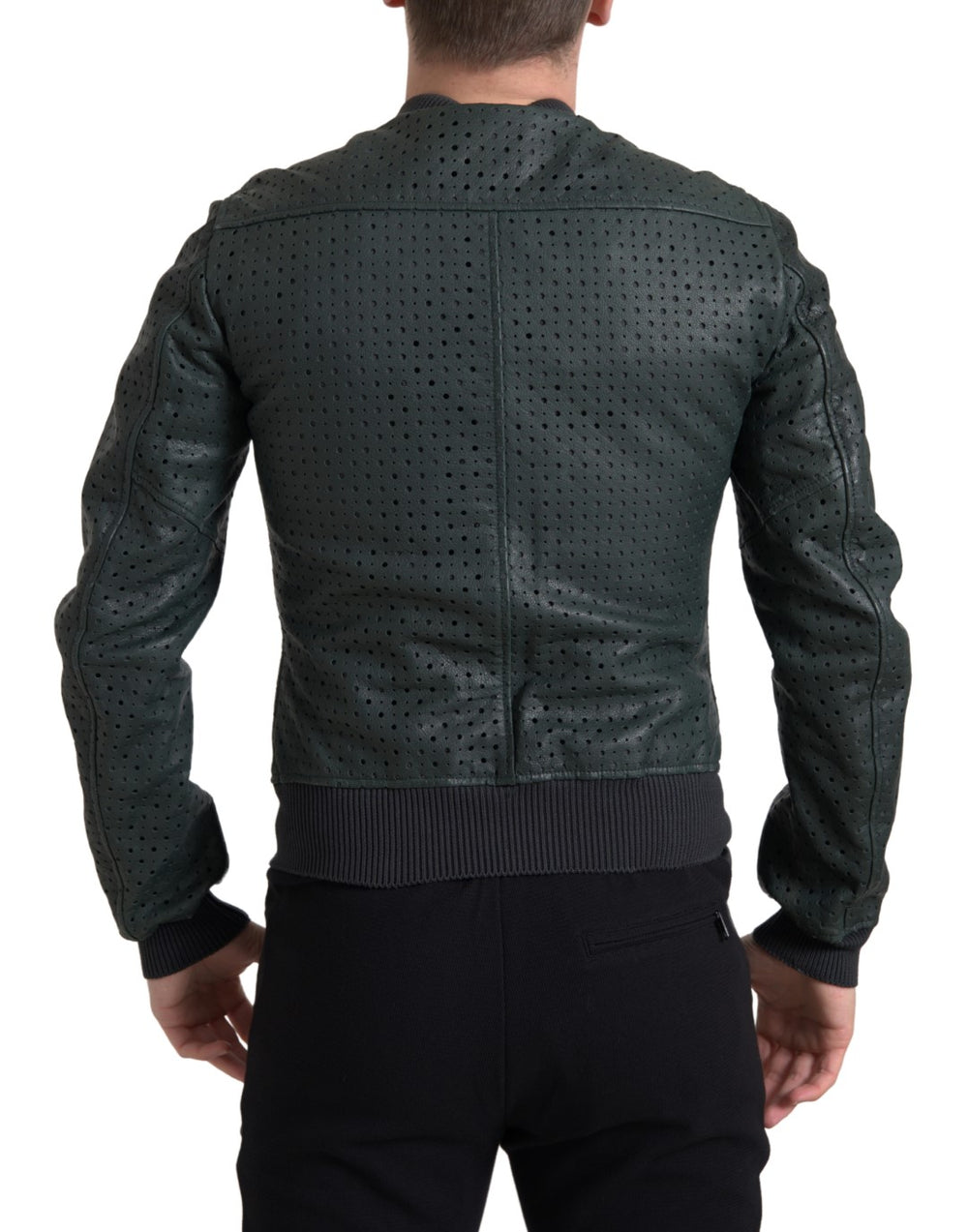 Dolce & Gabbana Perforated Leather Bomber Jacket in Green