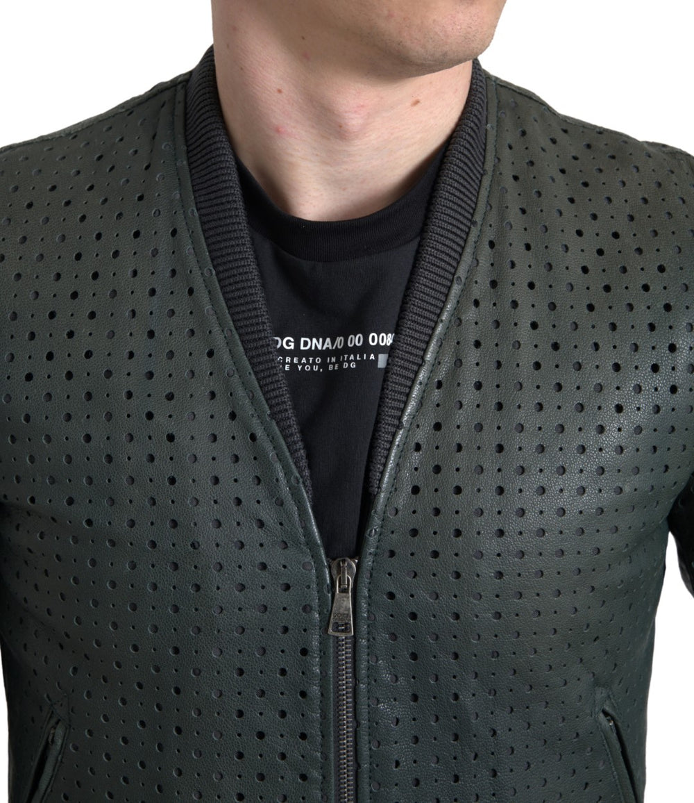Dolce & Gabbana Perforated Leather Bomber Jacket in Green