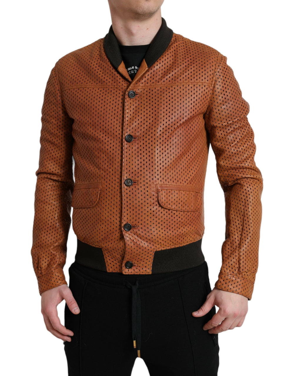 Dolce & Gabbana Lambskin Leather Perforated Bomber Jacket in Brown
