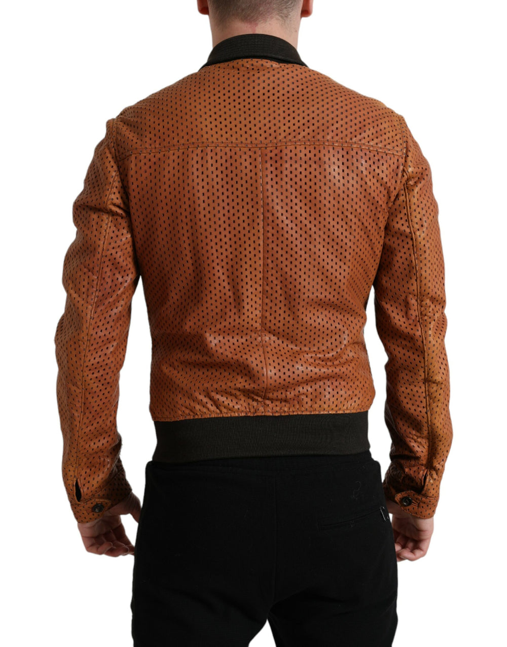 Dolce & Gabbana Lambskin Leather Perforated Bomber Jacket in Brown