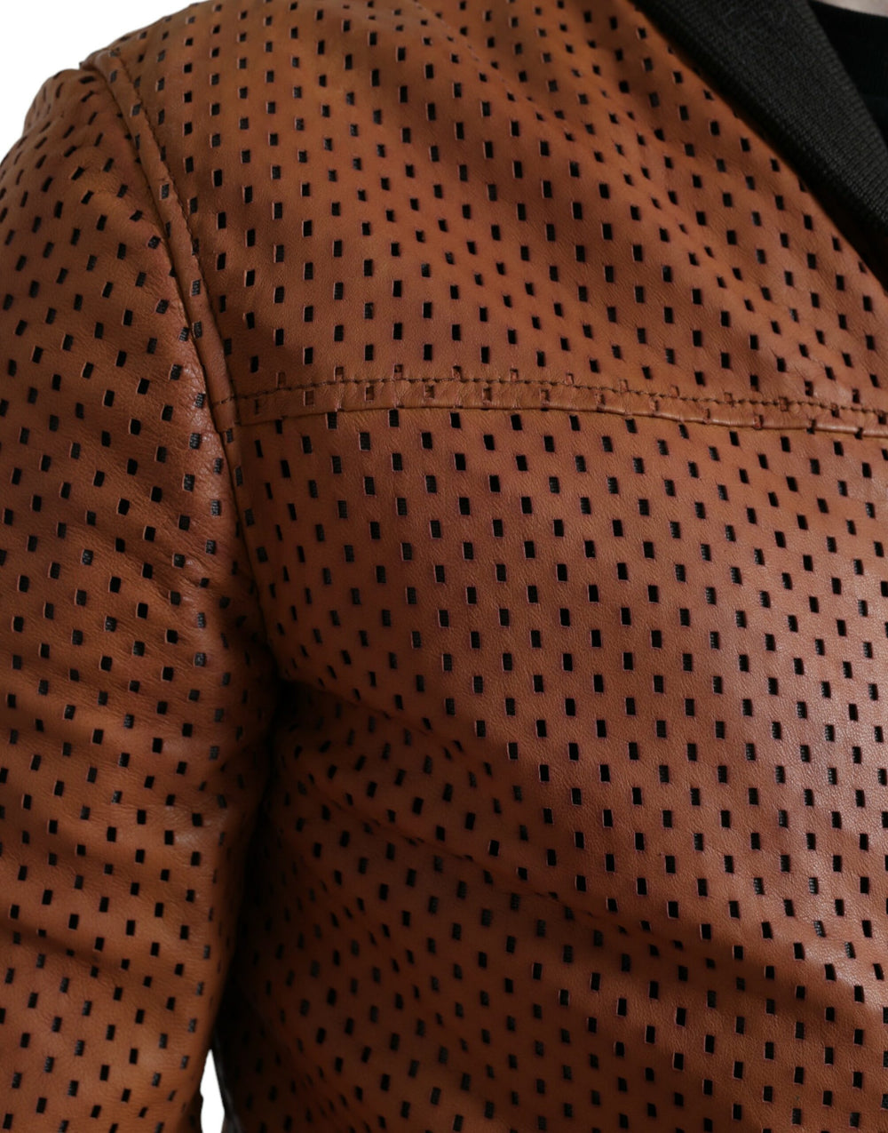Dolce & Gabbana Lambskin Leather Perforated Bomber Jacket in Brown
