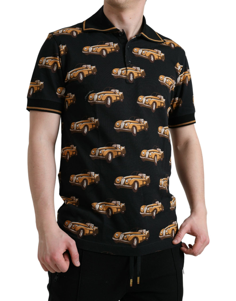 Dolce & Gabbana 100% Cotton Car Print Polo Shirt in Black