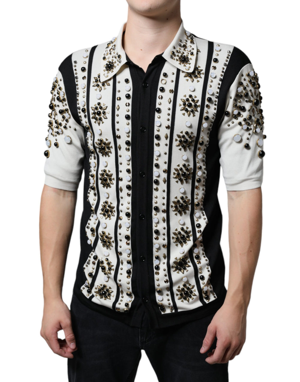 White Black Silk Studded Stone Crystal Shirt mens luxury fashion - Mens Edit
