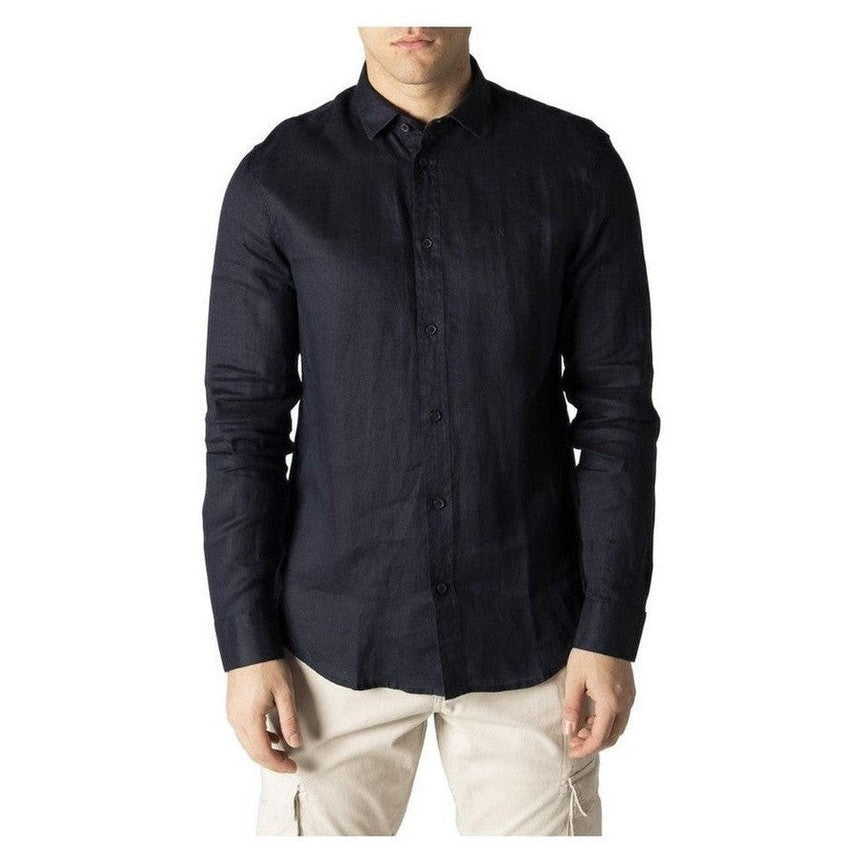 Armani Exchange Blue Linen Men's Featherweight Dress Shirt - Designer | Mens Edit
