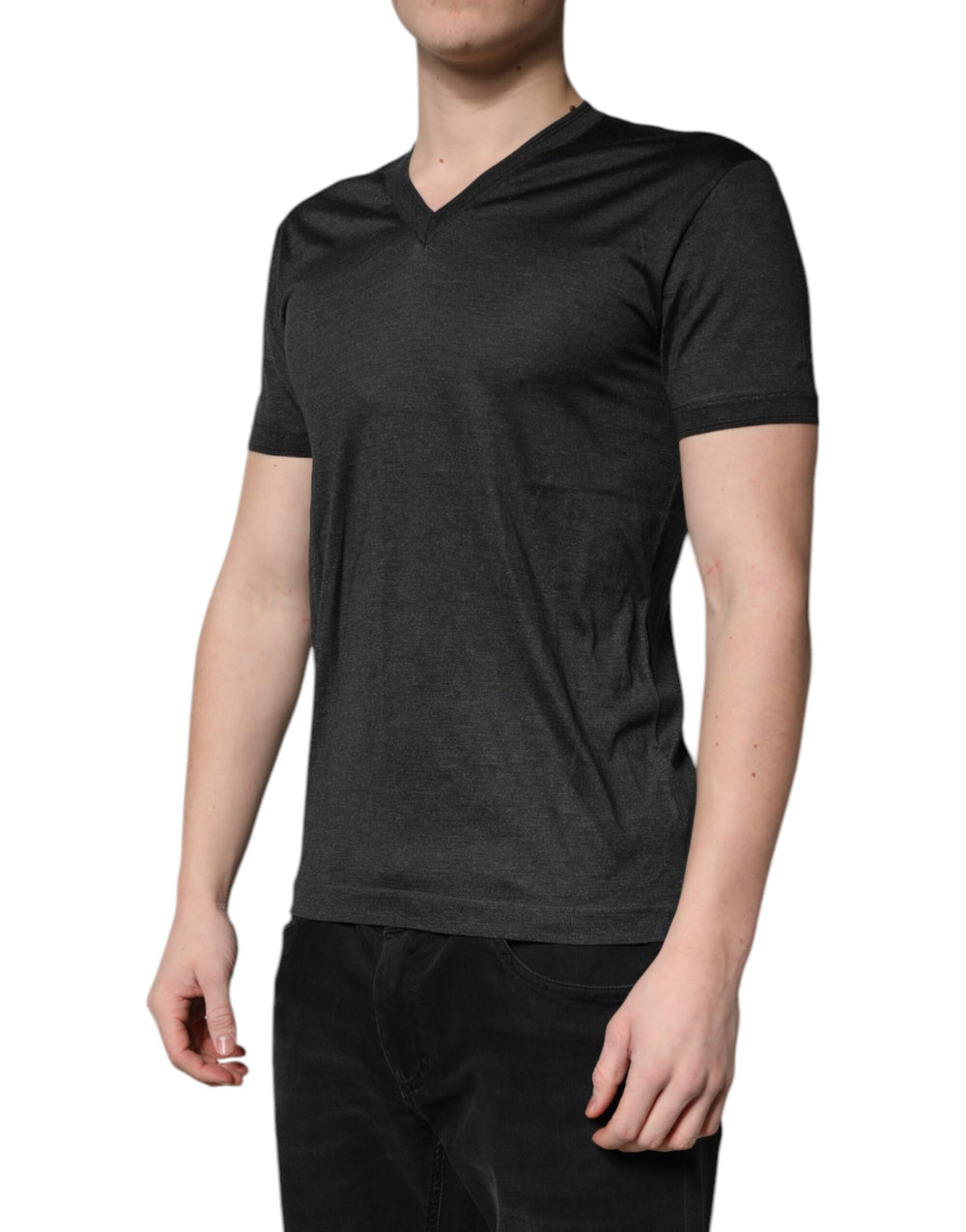 Dolce & Gabbana 100% Silk V-Neck T-Shirt in Dark Grey