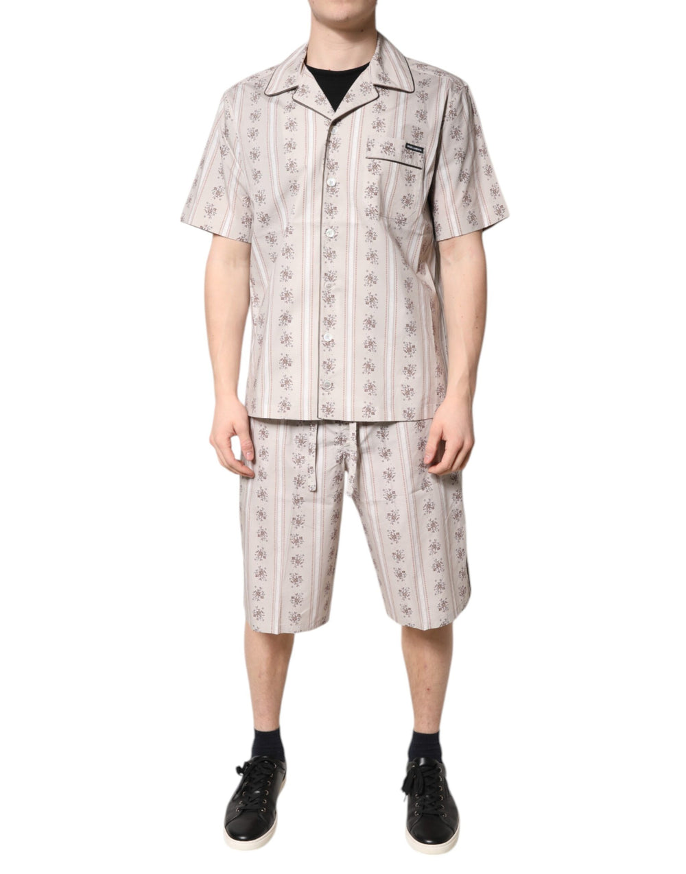 Dolce & Gabbana Floral Print Cotton Pyjama Set in Beige