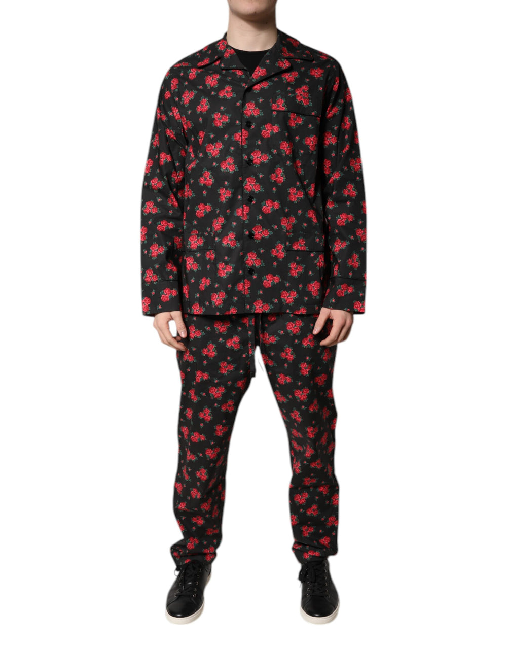 Black Floral Print Cotton Men Pajama Set Sleepwear mens luxury fashion - Mens Edit