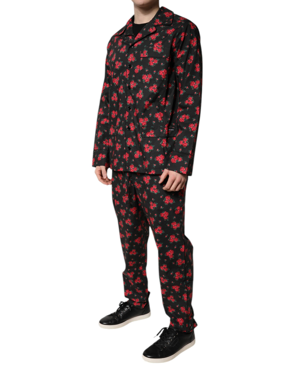 Dolce & Gabbana Floral Print Cotton Pyjama Set in Black