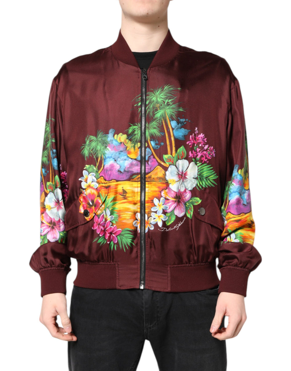 Dolce & Gabbana Silk Bomber Jacket in Maroon