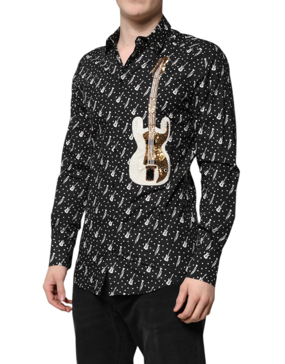 Dolce & Gabbana 100% Cotton GOLD Instrument Embellished Shirt in Black