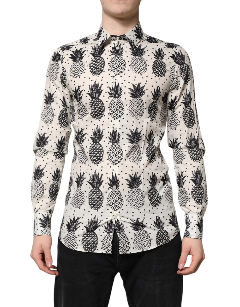 White Pineapple Print Long Sleeve GOLD Shirt mens luxury fashion - Mens Edit