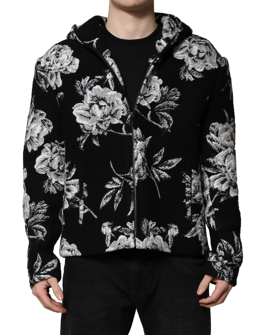 Black Wool Floral Printed Men Hooded Jacket mens luxury fashion - Mens Edit